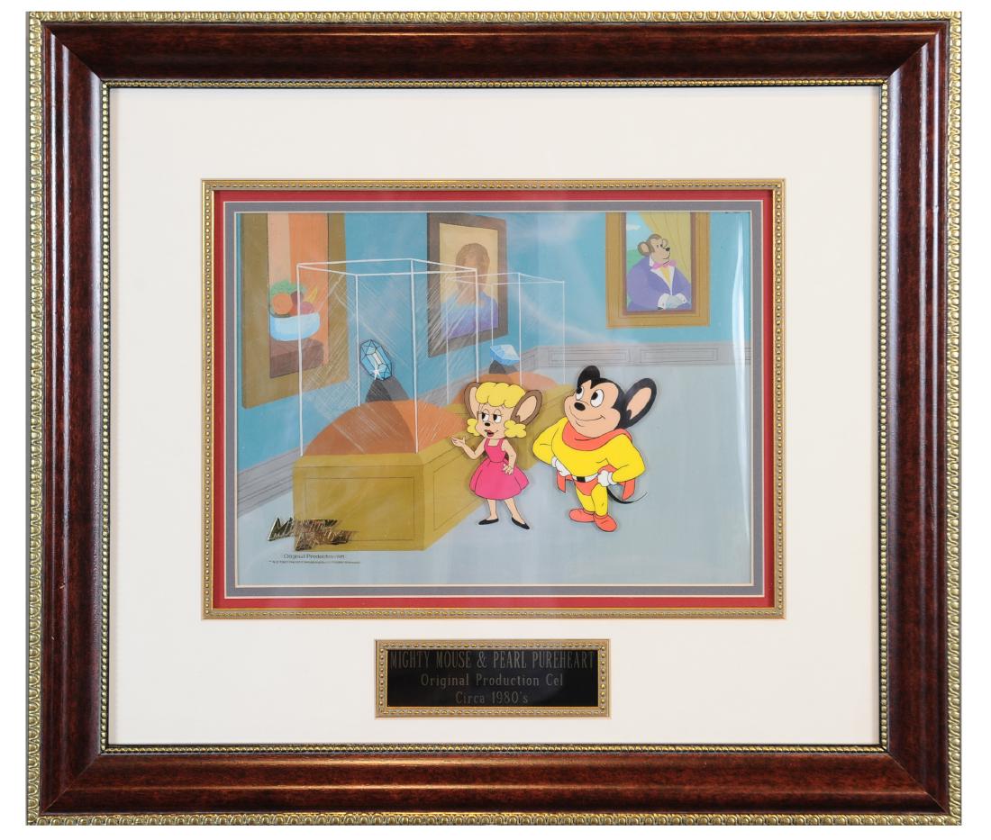 Mighty Mouse Animation Production Cel & Key Set Up: Mighty Mouse animation production cels on acetate sheets with a hand-painted key set-up: Viacom, c. 1980s, depicting Mighty Mouse and Pearl Pureheart admiring diamonds in a museum. This piece includes