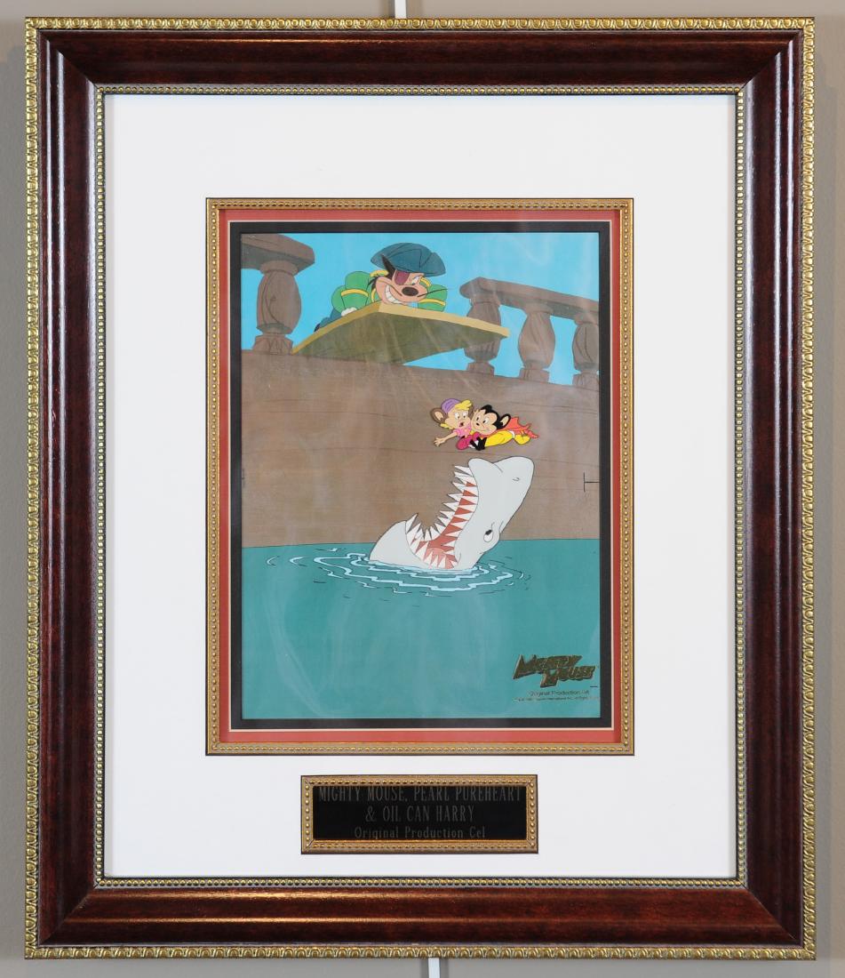 Mighty Mouse Animation Production Cel: Mighty Mouse Animation Production Cel: 1981, acetate with a lithographic background depicting Mighty Mouse rescuing Pearl Pureheart from the villain Oil Can Harry who is depicted as a pirate. Includes