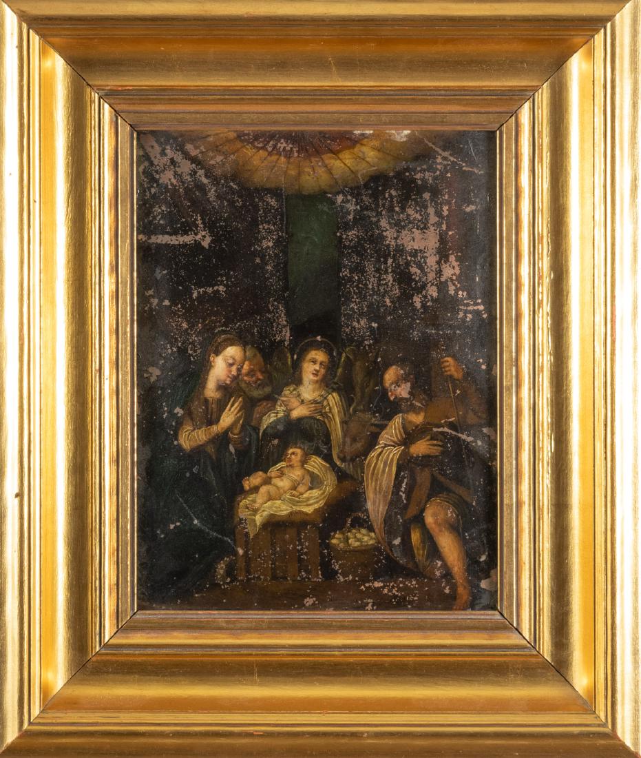 Antique Oil on Copper Nativity Adoration Painting: Antique oil on copper nativity adoration painting (Madonna and Child), 18th century Italian or Dutch School: Italy, oil on copper panel painting depicting the birth of Jesus in the manger with the Arc