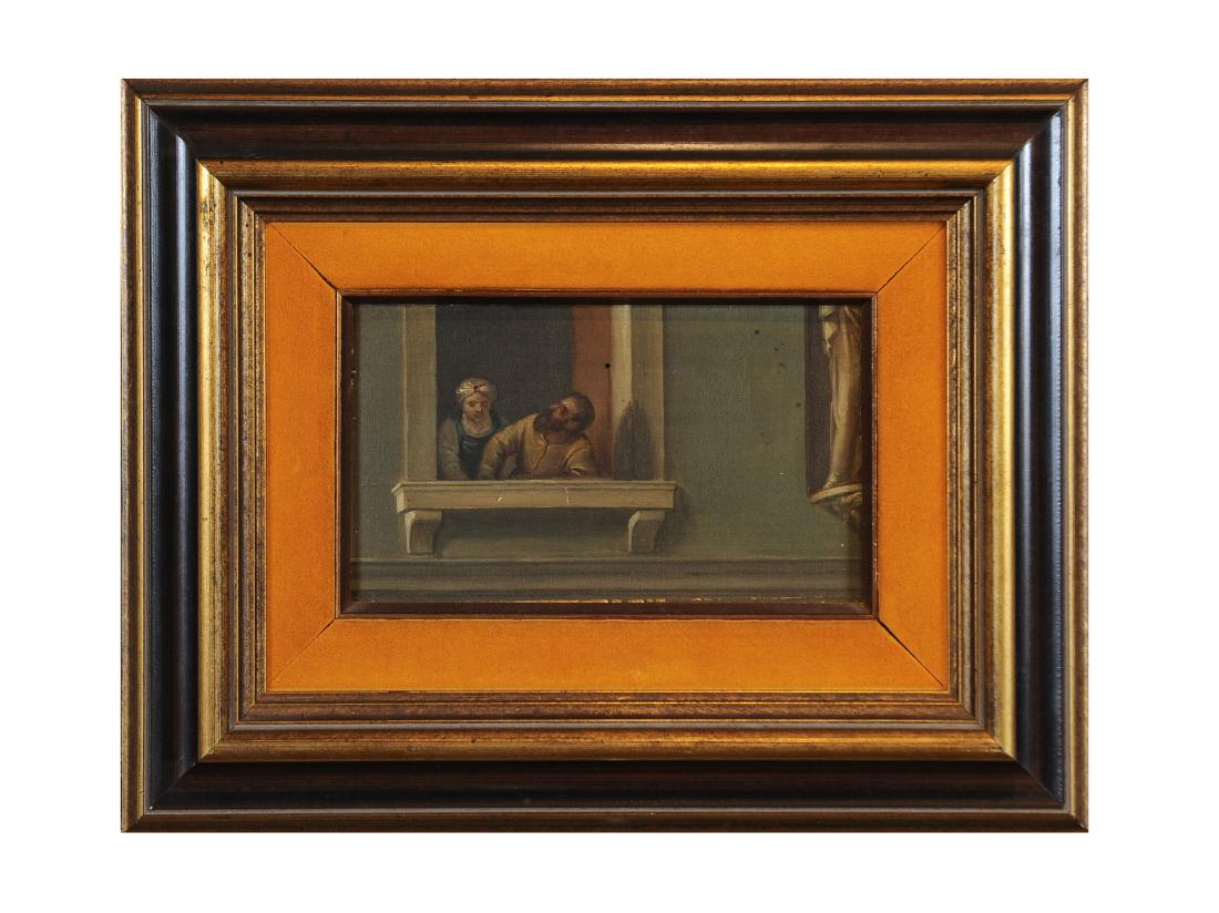 18th Oil on Canvas Miniature Figurative Painting: 18th Century Oil on Canvas Figurative Painting: European, oil on canvas depicting a man and woman leaning from a windowsill. Dimensions are: canvas - 3 3/4 inches tall X 6 1/2 inches wide, framed - 9