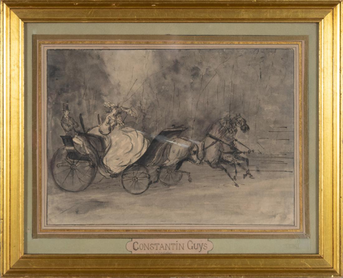 Constantin Guys Ink Wash Horses and Carriage: Constantin Guys Ink Wash Horses and Carriage: Constantin Guys - Ernest-Adolphe-Hyacinthe-Constantin (Dutch, 1802 - 1892), 19th century, ink and white body color on paper, depicting a gentleman, young