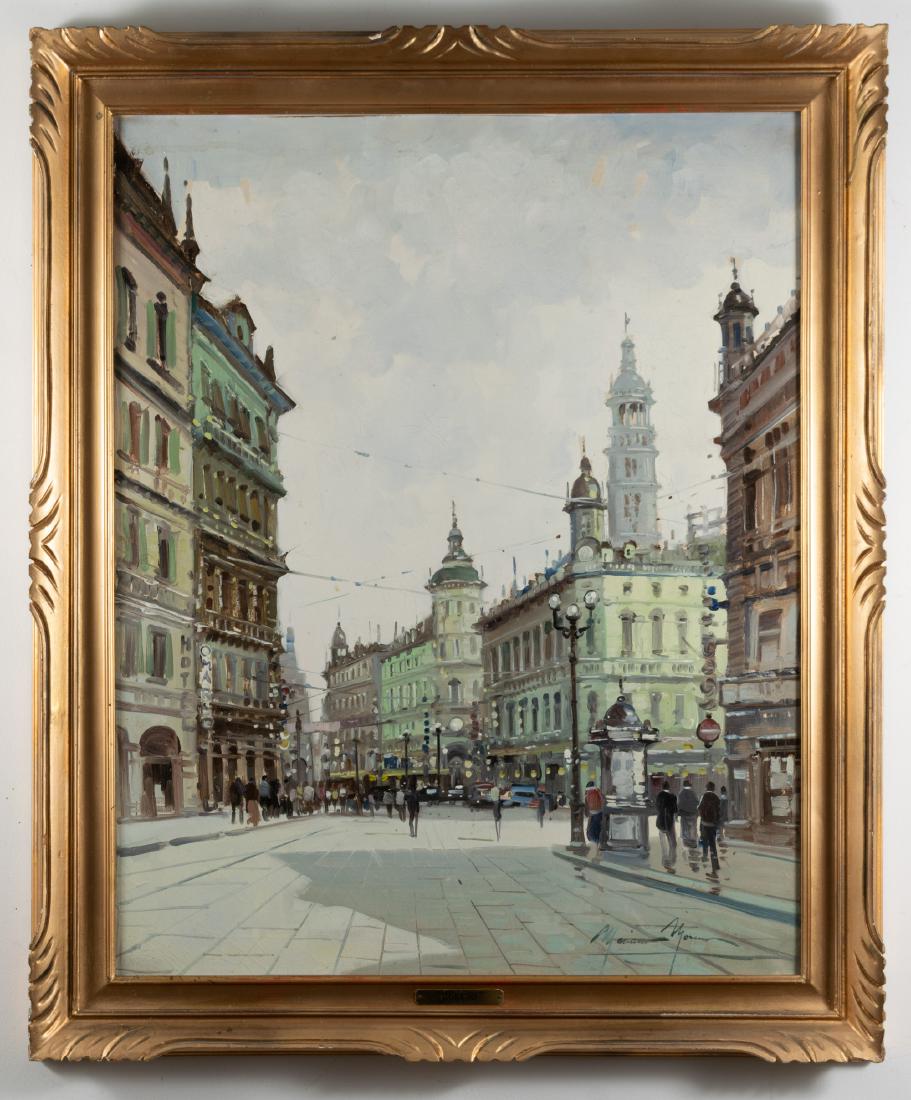 Mariano Moreno Oil Canvas Parisian Street Scene: Mariano Moreno Oil Canvas Parisian Street Scene: Mariano Moreno (1912 - 1990), oil on canvas painting depicting a Parisian Street scene, signed by the artist on the face of the canvas. Dimensions are: