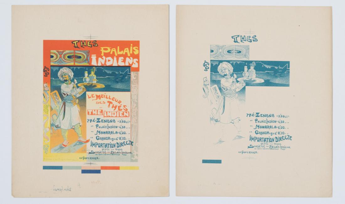 Georges De Feure Thes Palais Indiens M L'affiche: Maitre L'affiche Thes Palais Indiens, advertising teas from India. 1890 color test print with color chart to left. Also comes with the initial blue outline print. Maitre L'affiche stone lithographs we