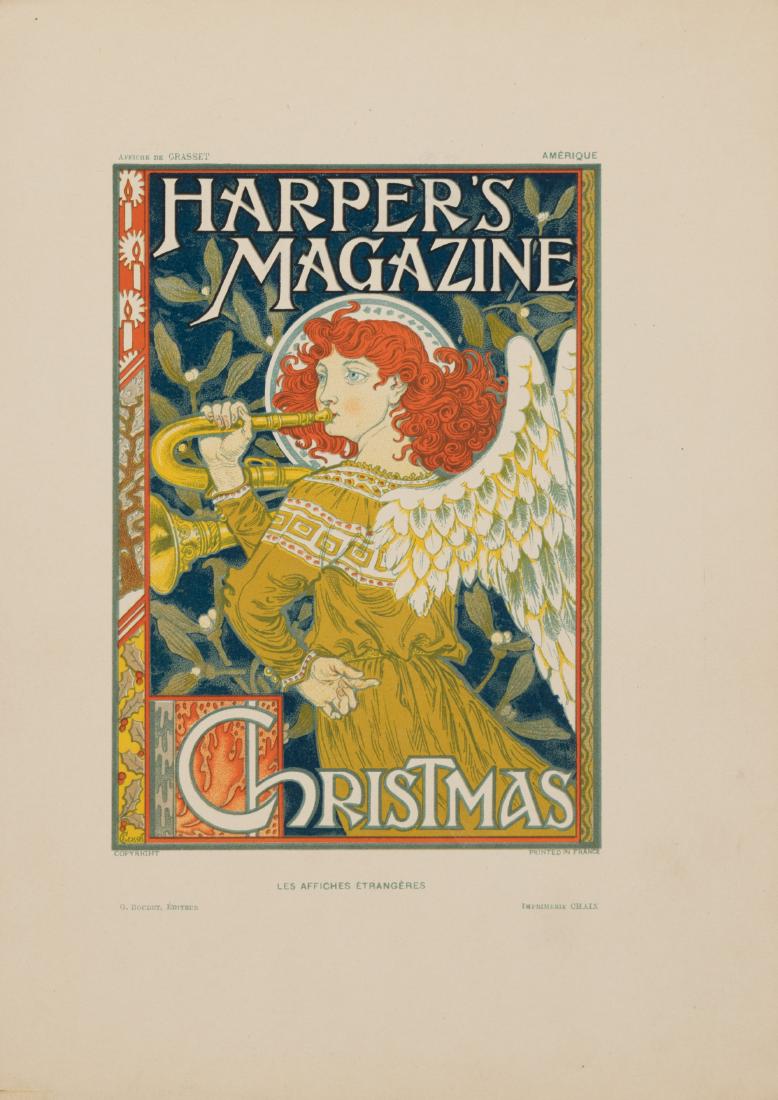 Harper's Magazine- Les Affiches EtrangÃ¨res 1900: Les Affiches EtrangÃ¨res Harper's Magazine Christmas by Eugene Grasset. Colored lithograph of angel with trumpet, with header and footnote: "Affiche de Grasset - Amerique" and "Copyright - Printed i
