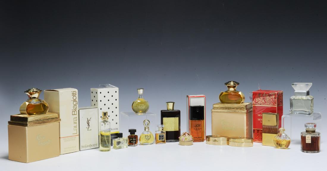 (20) Fine French Perfumes & Lipstick Holders: Group of 20 fine French perfumes and lipstick holders. Includes: Coco Chanel, Nina Ricci, Sortilege by Le Galion, Valentino, Molinard, Laura Biagiotti, Estee Lauder, Roure-Dupont, Jolie Madam by Balma