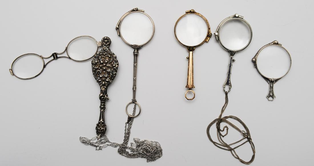 (5) Antique Sterling, Silver Tone Lorgnettes: (5) Antique Sterling, Silver Tone Lorgnettes: Includes: a) two silver tone, one with a sterling chain, b) a coin silver lorgnettes with unmarked chain, and c) two 925 sterling silver, one with repouss