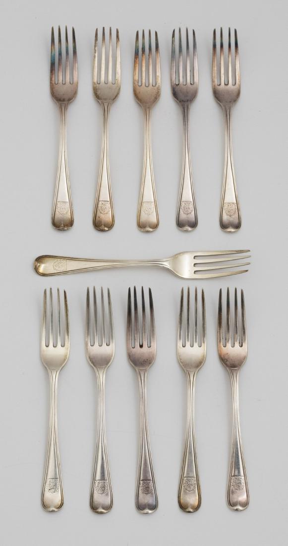 (11) Sterling Dinner Forks with Unicorn Crest: (11) Sterling Dinner Forks with Unicorn Crest: Spoons by London silversmiths, William Eley, William Fearn & William Chawner, circa 1808, Eleven sterling dinner forks with the Cunningham clan crest of 