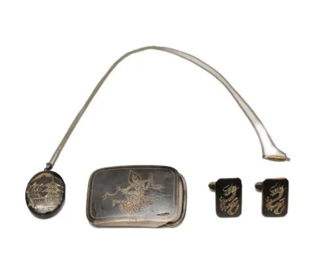 Siam Sterling Locket, Belt Buckle, Cufflinks: A boxed set of silver dragon cufflinks with a pagoda locket stamped "Sterling", and a belt buckle with a dancer figure stamped "Sterling" on the reverse as well. Dimensions are: the belt buckle measur