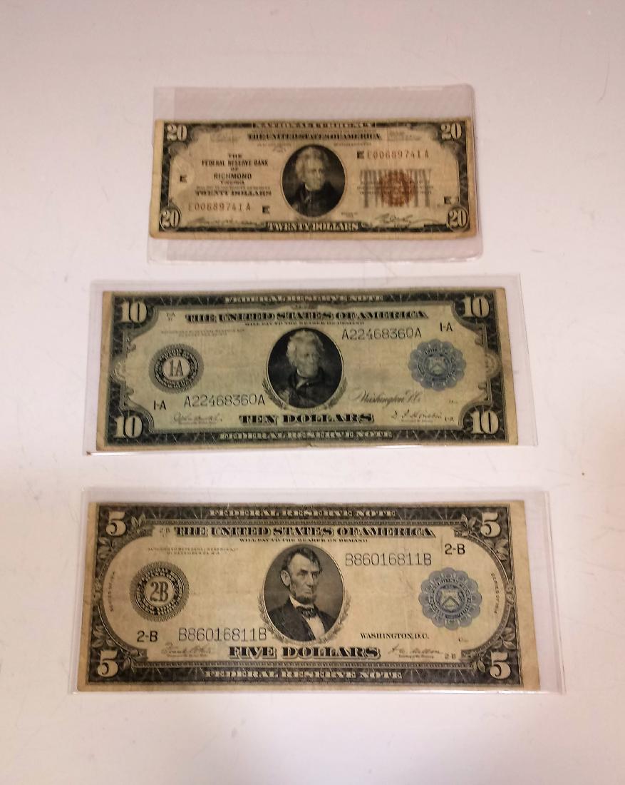 Paper Currency: $5, $10, $20 Federal Reserve Notes: (3) Paper Currency: $5, $10, $20 Federal Reserve Notes: a) 1929 $20 Federal Reserve Note with red seal and with the portrait of Andrew Jackson; from the Federal Reserve Bank of Richmond. b) 1913 $10 F