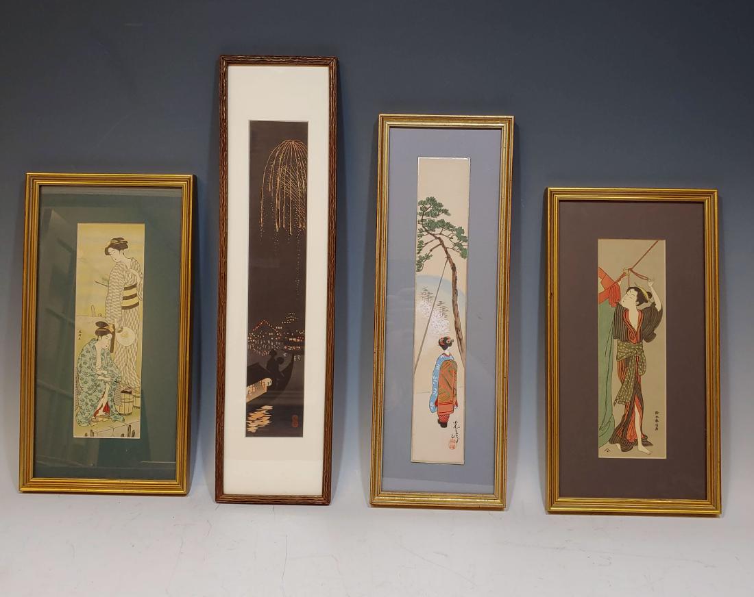 (4) Small Japanese Woodblock Prints: (4) Small Japanese Woodblock Prints, including two geisha fishing; a courtesan preparing for a bath; fireworks over a dark river, with 2 seals; and a geisha seen from behind wearing geta, a furisode a