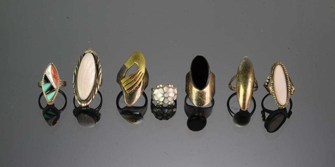 (7) Sterling Rings Native American & Taxco Mexico: (7) Sterling Silver Rings Native American & Taxco Mexico: a) Richard and Geneva Terrazas, Zuni ring with cobblestone inlay in onyx, turquoise, abalone and oral, impressed maker's marks on back, size: