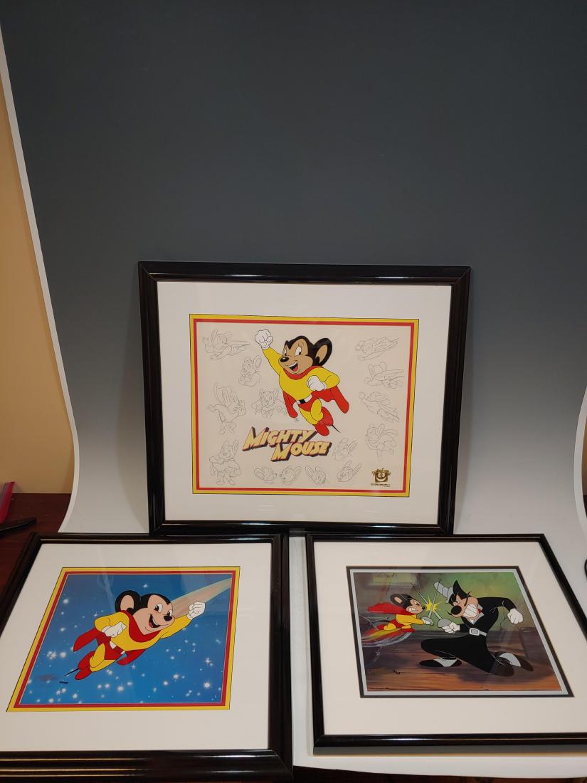 .(3) Mighty Mouse Ltd Ed Animation Sericels: (3) Mighty Mouse Ltd Ed Animation Sericels: a) 1992, Terrytoons, hand inked cel on acetate with a lithographic background depicting Mighty Mouse flying through the sky. Released in a limited, numbered