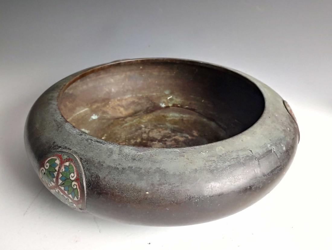 Meiji Era Bronze Censor with Enamel Medallions: Japanese Meiji era (1868-1912) bronze censor with 3 cloisonne enamel medallions and three short feet. The cloisonne medallions are circular with three spades and leaves in blue and green. Dimensions a