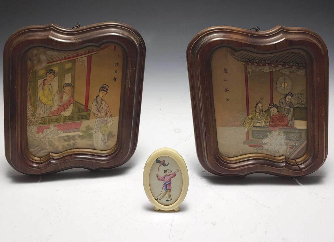 (3) Chinese Rice Paper Paintings: (3) Chinese Rice Paper Paintings: Includes, a) small framed painting of a boy playing with a bat-form toy, b) a painting in a wooden frame of a man and two women on a patio with a four character mark 