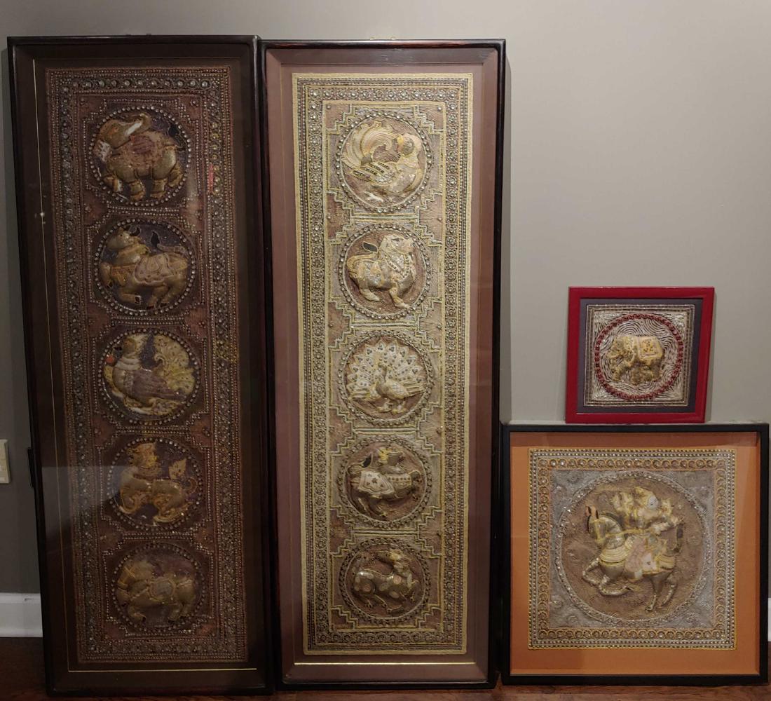 (4) Framed Thai Kalaga Embroideries: (4) Framed Thai kalaga embroideries, using a mixture of laidwork, applique, and bead work techniques. Materials include cotton fabric, wool, or cotton thread, beads, sequins, padding, and gold wrapped