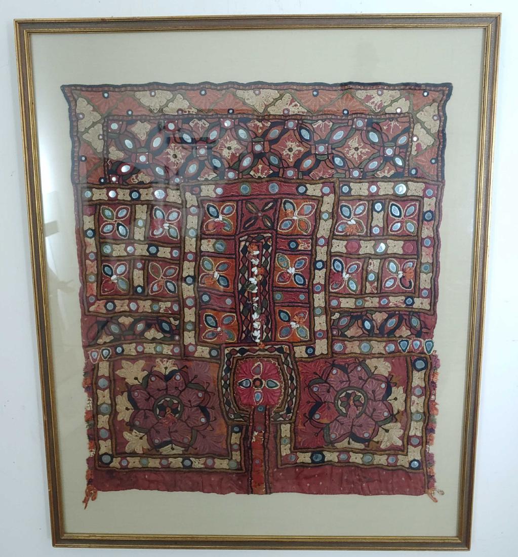 Antique Thailand Embroidered Pillow: Antique Thailand Embroidered Pillow: With cotton thread and mirrors. Dimensions are: framed - 31 3/4 inches tall X 26 1/2 inches wide. All measurements are approximate. Condition: No noted damage.