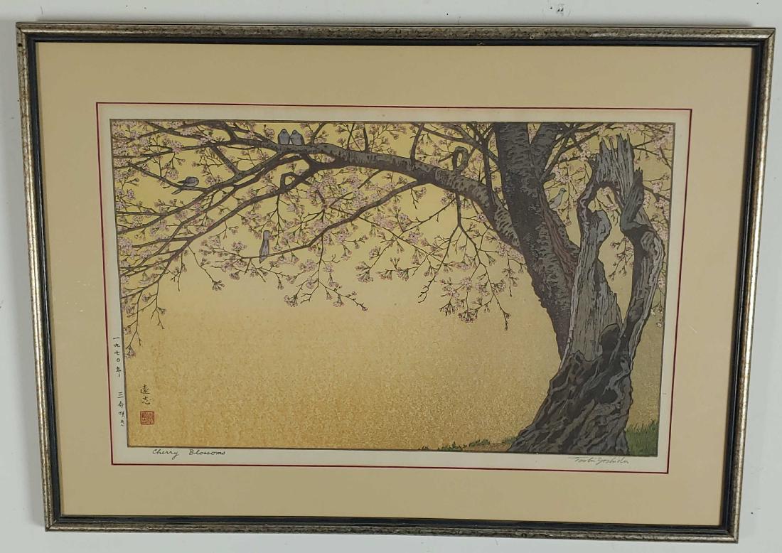 Toshi Yoshida Japanese Woodblock Cherry Blossoms: Toshi Yoshida (1911 - 1995, Japan) Woodblock print on paper titled "Cherry Blossoms" depicting spring blossoms in the trees with birds, signed in graphite by the artist in the margin. Dimensions are: