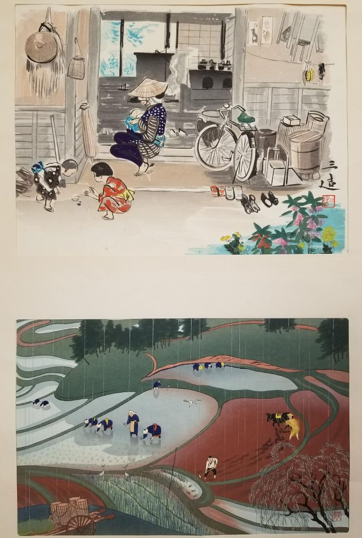 (2) Japanese Woodblock Bakufu Ohno & Wada: a) Bafuku Ohno (1888 - 1976, Japanese), circa 1952, woodblock print on paper titled, "Rice Planting in Rain" and depicting a group of workers in the rice fields with a gentle rain. Published by Shinag