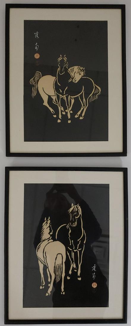 (2) Japanese Woodblock Sonan Noda, circa 1950s: Set of 2 woodblock prints by Sonan Noda, 1952. Publisher: Kyoto Hanga-In; carved by Matsuda and printed by Naga. Sonan Noda was a Kyoto artist specializing in depicting horses in a linear style. Dimen