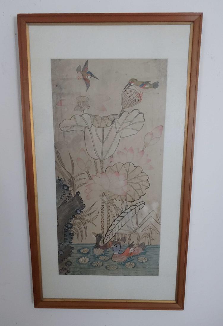 Korean Birds & Lotus Folk Minhwa Folk Painting: Korean Minhwa or folk painting on hand-made paper depicting male and female ducks and kingfishers among lotus flowers symbolizing matrimonial harmony and surrounded by a jacquard silk border. Dimensio