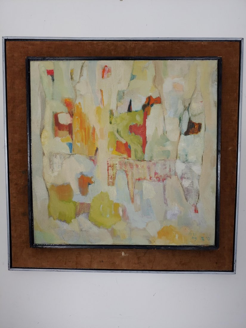 Korean Oil on Canvas Abstract Painting: Korean Oil on Canvas Abstract Painting: 20th century, Korea. Painting is in shades of orange, green, blue, and yellow in the abstract style of Korean artist, Soo Suk Kim. Marked 1971 and signed in blu