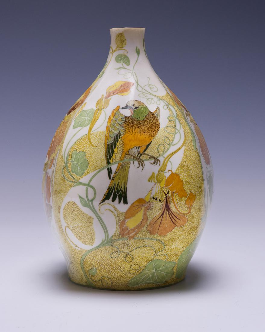 Rozenburg Eggshell Porcelain Vase by Sam Schellink: Rozenburg Eggshell Porcelain Vase by Sam Schellink: Rozenburg Royal Delftware Factory (1883-1917): Eggshell porcelain vase with polychrome glaze by Sam/Samuel Schellink depicting birds on flowering br