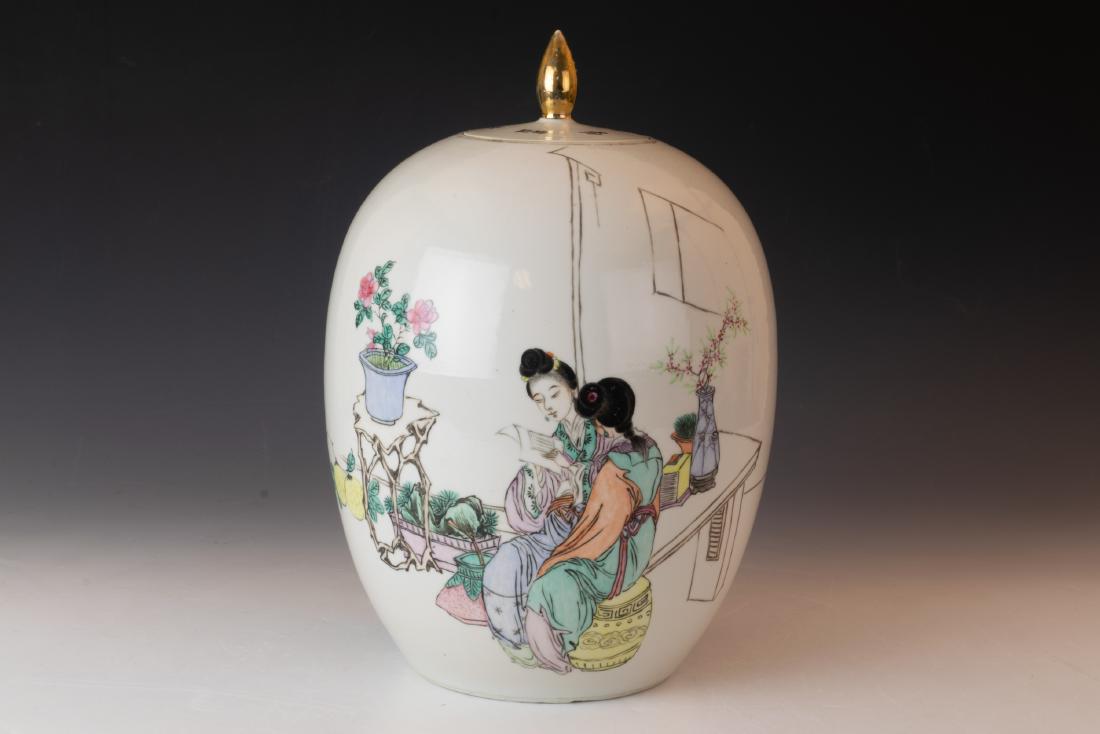 Chinese Ceramic Ginger Jar, 19th Century: Chinese ceramic ginger jar, 19th century, decorated with geisha in a garden and the lid with characters. Dimensions are: 12 1/4 inches tall with lid X 7 1/4 inches diameter. All measurements are are a