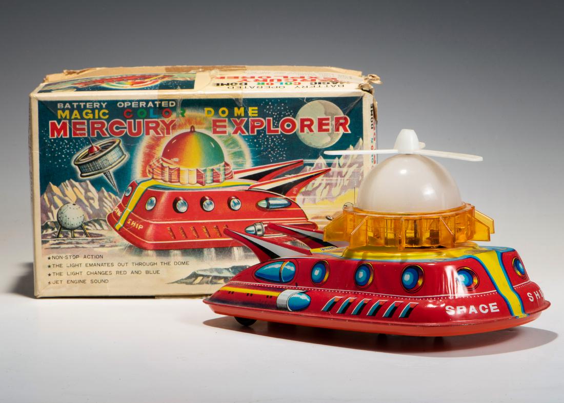 Boxed Magic Color Mercury Explorer by TPS: Japanese Magic Color Mercury Explorer, battery operated toy by TPS (Toplay), in original box. T. P. S. mark and MADE IN JAPAN mark on lower back. Dimensions are: 8 inches long X 4 1/2 inches wide X 4