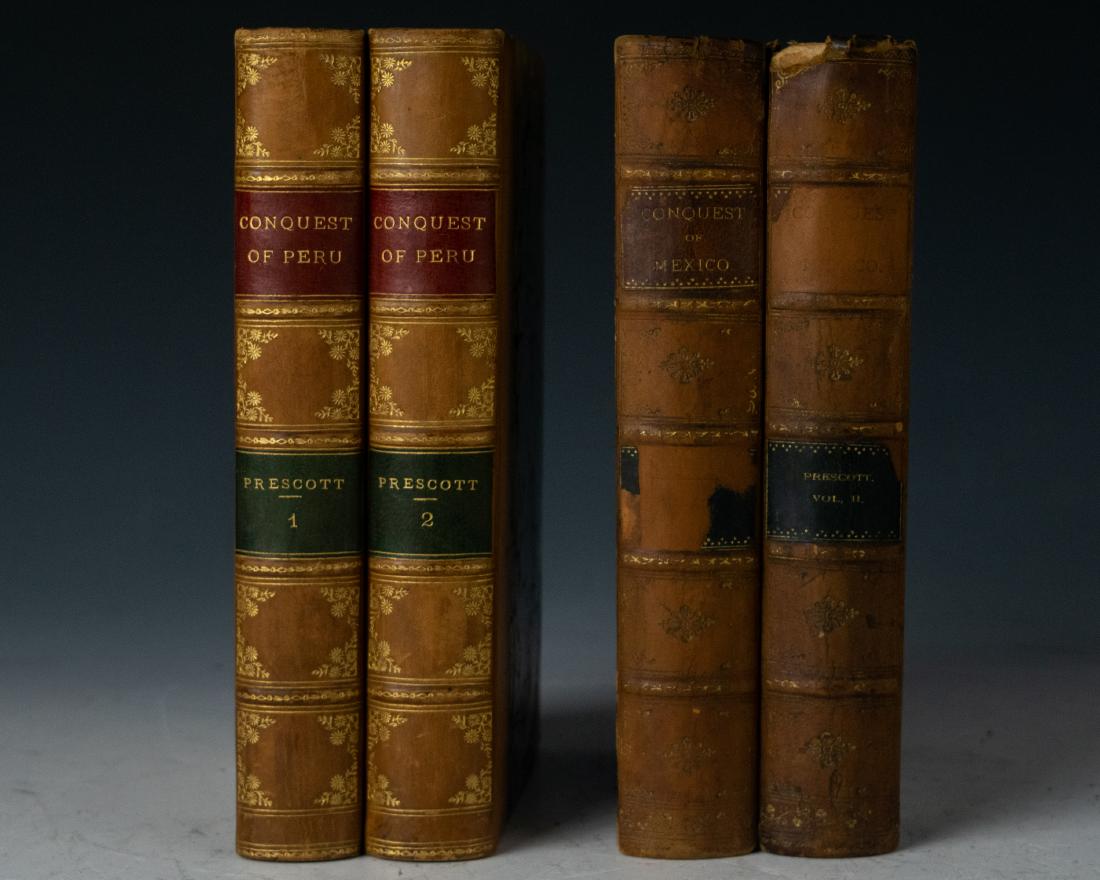 Conquest of Peru I & II, Conquest of Mexico I &II: 2- two volume book sets by William H. Prescott: a) History of the Conquest of Peru, with a Preliminary View of the Civilization of the Incas, by William H. Prescott, published by David McKay, Philadel