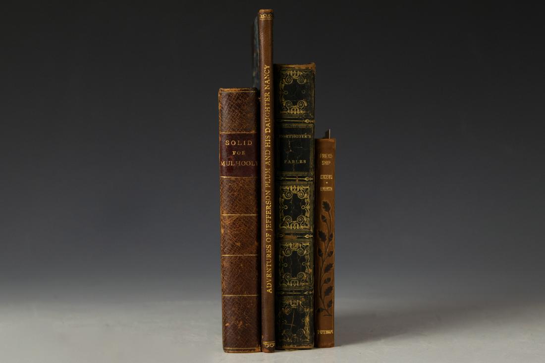 (4) Antiquarian Books - Leather Bindings: Group of (4) antiquarian books: a) The Adventures of Jefferson Plum and his Daughter Nancy, in the Great City, the First Time, [possibly by John M. Richmond], published in Thompsonville, CT, 1866, 46 