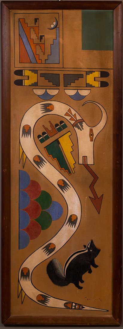 Painting by San Ildefonso Artist Julian Martinez: Julian Martinez (aka Pocano or Pho-ca-no; San Ildefonso Pueblo, 1879-1943), stylized painting of a serpent and a skunk, tempera on canvas, signature bottom right; Martinez and his wife, the ceramicist