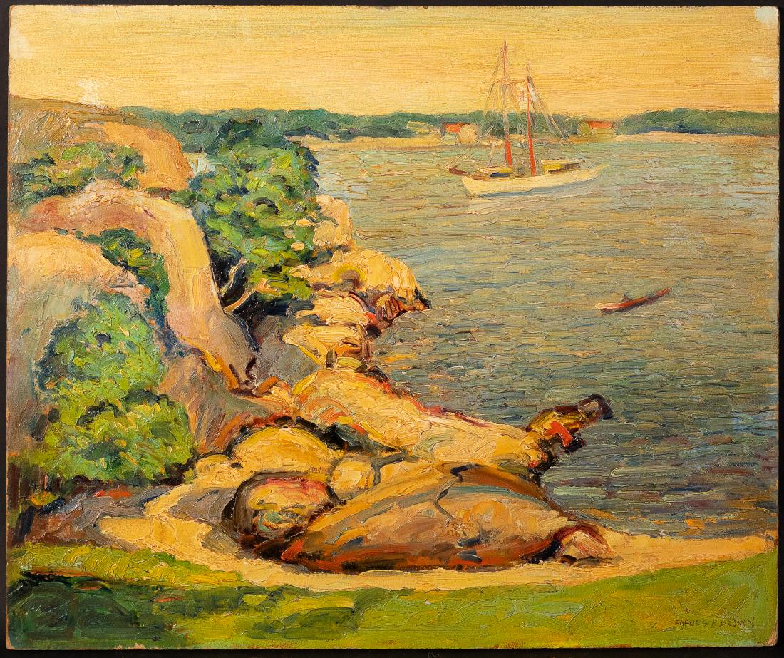 Francis F Brown Oil Paint Gloucester Massachusetts: Francis Focer Brown (American, 1891â€“1971), oil on Upson board painting titled, 'Gloucester Massachusetts,The Harbor at Stage Fort Park,' early 20th century, depicting a rocky harbor looking int