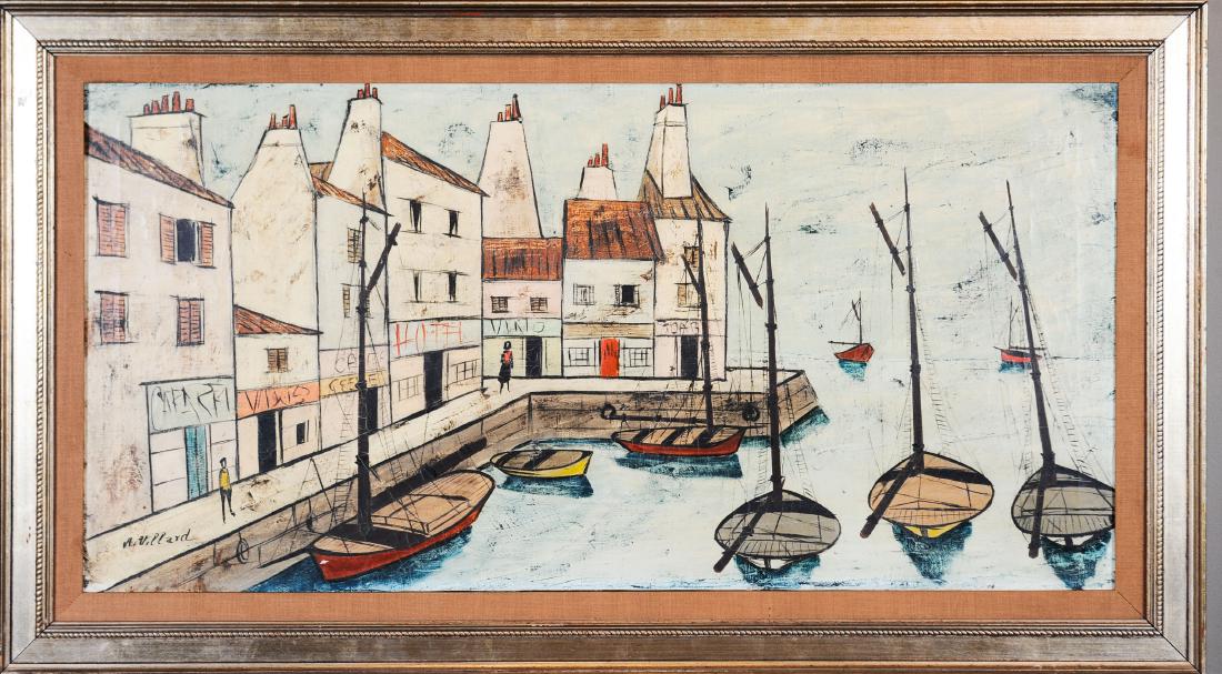 Oil on Canvas, Harbor Scene - Antoine Villard: Antoine Villard (French, 1867-1934) painting of a harbor scene. Signed in lower left of painting 'A. Villard'. Dimensions are: canvas - 39 7/8 inches wide X 20 inches tall, overall - 46 1/4 inches wid