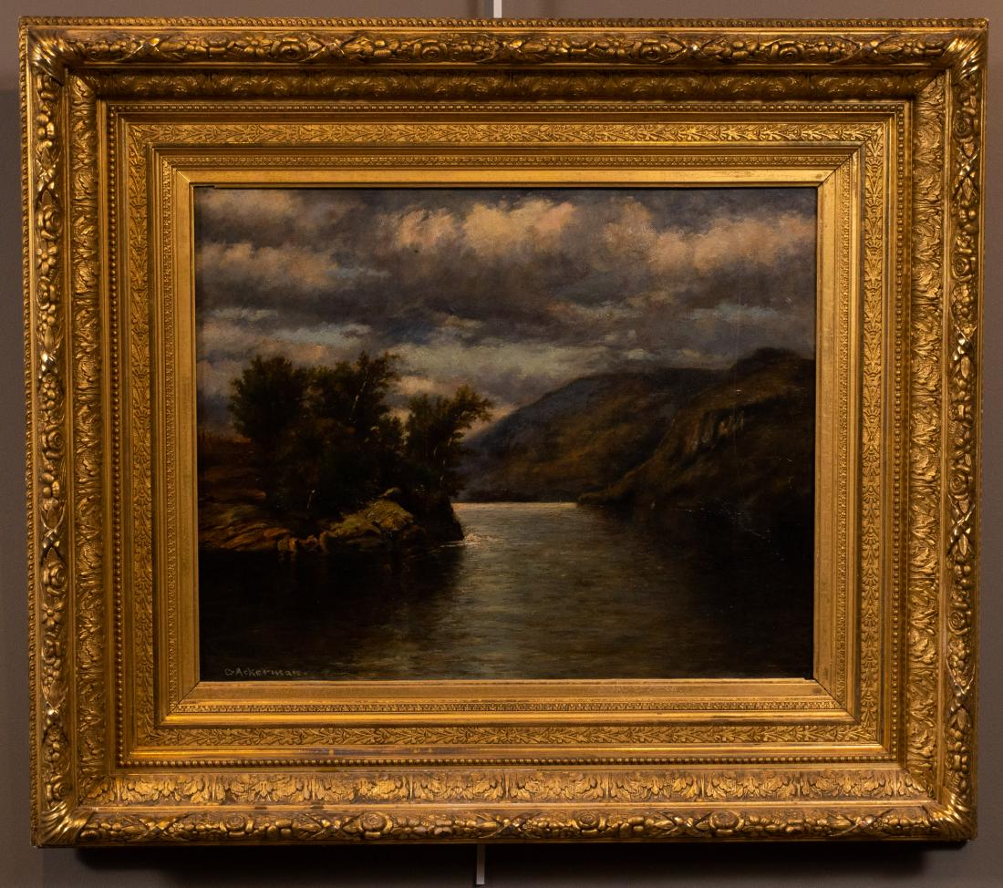 Hudson River School in W. K. O'Brien & Bros. Frame: Hudson River School painting, oil on canvas, C. Ackerman [Caroleen Ackerman Brown, b.? - 1938], mid-late 19th century, with artist signature C. Ackerman in lower left corner, in ornate gilt W. K. O'Br