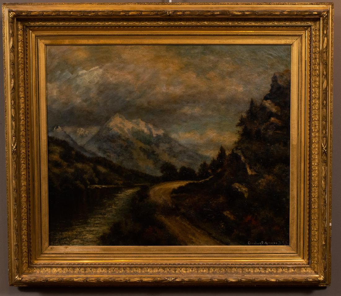 Hudson River School Painting Signed C. Ackerman: Hudson River School painting, oil on canvas, signed C. Ackerman in lower left corner and Caroleen Ackerman BSA in lower right corner [Caroleen Ackerman Brown, b?-1938], mid-late 19th century, in ornat