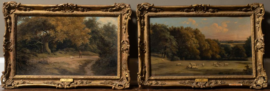 Pair Henry George Todd Oil Canvas Paintings: Henry George Todd (British, 1846/47-1898), oil on canvas, pair of paintings from 1893: a) depicting a farmer walking through a forest with his dog and carrying a bundle of sticks on his back and b) de