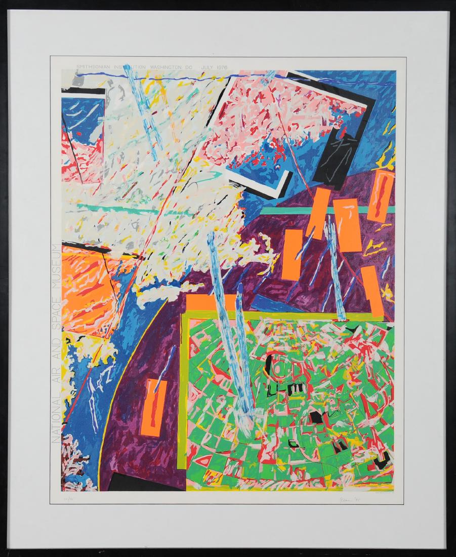 Nancy Graves Smithsonian Serigraph View of Earth: Nancy Graves (American, 1939 - 1995), 22 color serigraph on paper titled, 'View of the Earth from the Air (Air & Space Opening)' , 1975, depicting an abstract composition of photographs taken from Apo