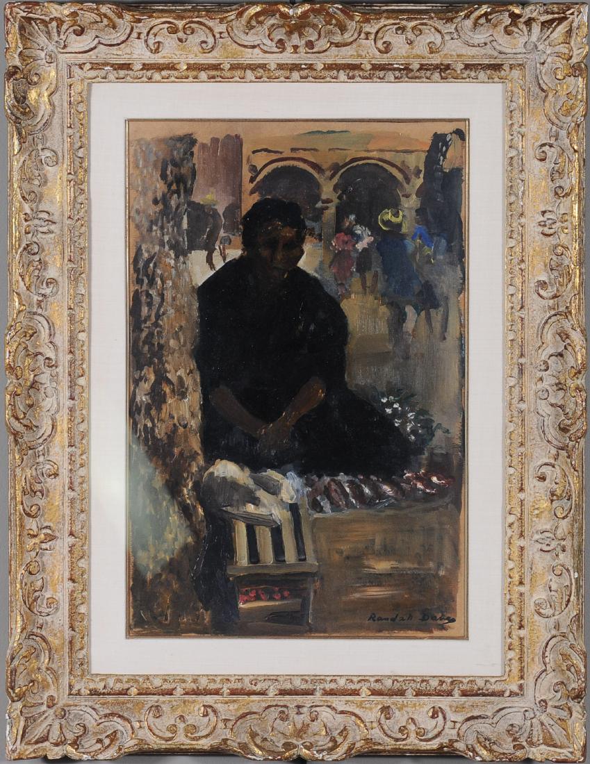 Randall Davey Oil on Board Street Vendor Painting: Randall Davey (American, 1887 - 1964), oil on fiber board, painting depicting a Mexican street vendor sitting in the shade of a busy portico and selling fish, 20th century. Signed on the face by the a