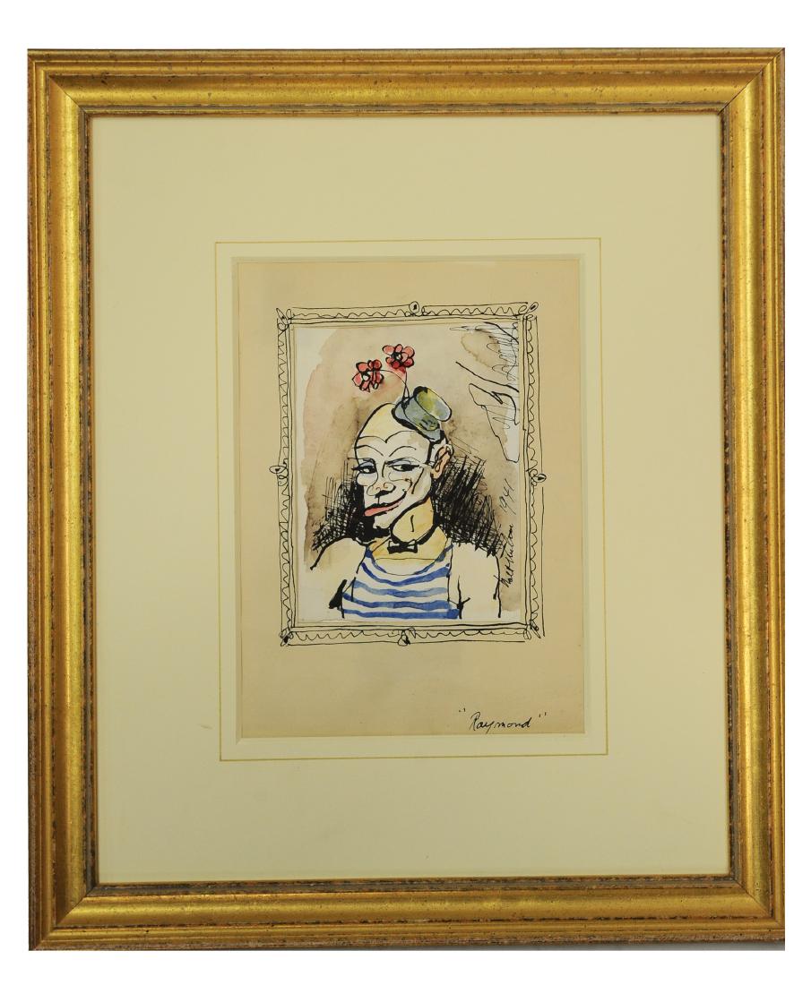 Walt Kuhn Ink & Watercolor Raymond the Clown: Walt Kuhn (1877-1949), ink and watercolor painting, Raymond, 1941. Painting depicts a portrait sketch of 'Raymond' with a small hat having a flower and a blue and white striped shirt, surrounded by an