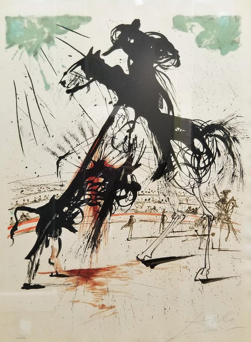 Salvador Dali Lithograph Picadore: Salvador Dali (Spanish, 1904 - 1989) lithograph on paper titled, 'Picadore', number 37 of 300, depicting an abstracted black horseman pricking a rearing bull with his lance against the backdrop of a b