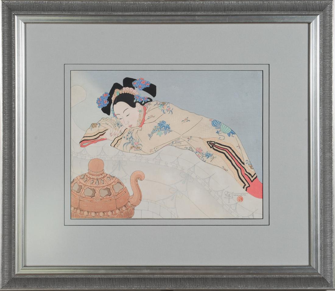 Paul Jacoulet Woodblock Print Fumees de Santal: Paul Jacoulet (French, 1902 - 1960), Mandchouko woodblock print on paper, Fumees De Santal, Japan, 1948.Print depicts a woman resting near a lidded censer. Horizontal format. Dimensions are: image - 1
