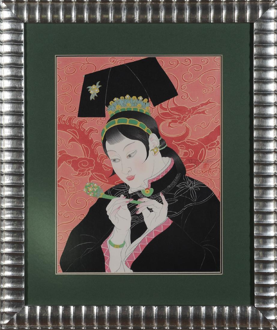 Paul Jacoulet Woodblock Print Les Jades, Chinoise: Paul Jacoulet (French, 1902-1960), woodblock print, Les Jades, Chinoise. Dimensions are: image - 11 1/2 inches wide X 15 1/4 inches tall, overall - 19 3/4 inches X 23 1/2 inches tall. All measurements