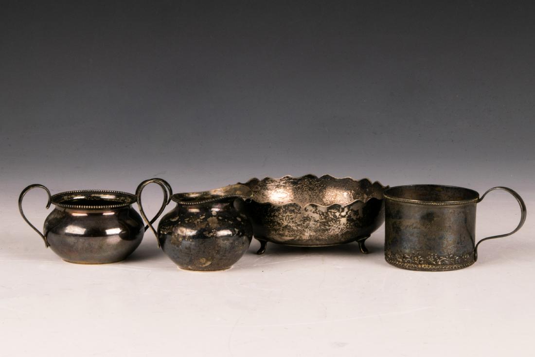 (4) Sterling Pieces, Towle, Gorham: (4) sterling silver pieces: a) Gorham creamer and sugar bowl, pattern 4985, date to circa 1880, both engraved with name "Ann Pearson Feb 29, 1944"; Towle sterling silver cup, pattern 270, dated 1907, 