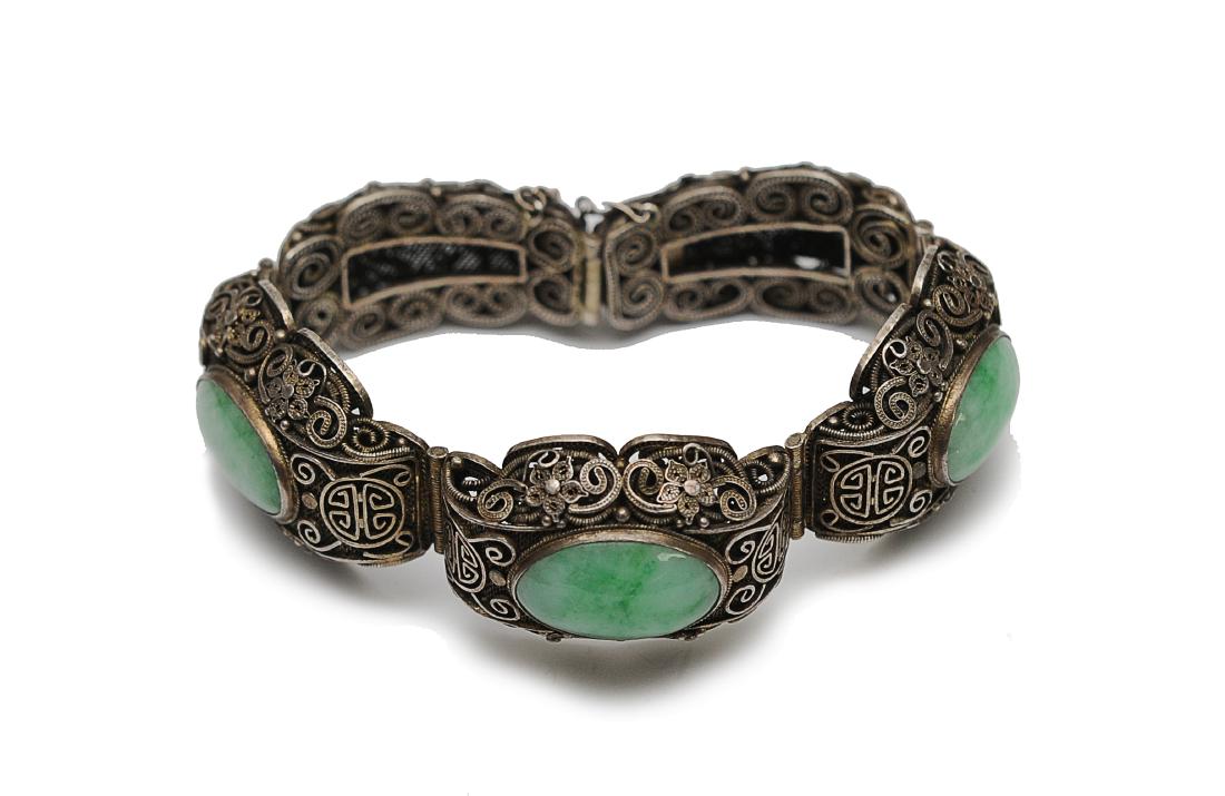 Chinese Silver & Jadeite Bracelet (1 of 4)