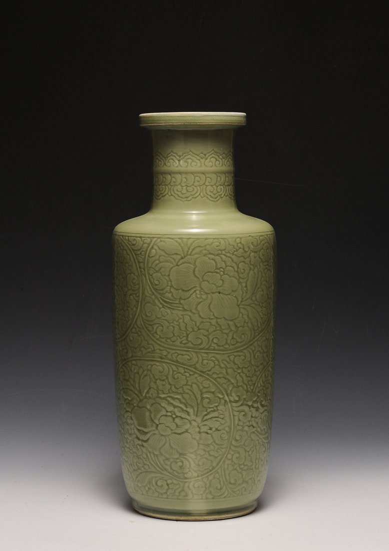 Carved Celadon Rouleau Vase, Kangxi Period (1 of 4)