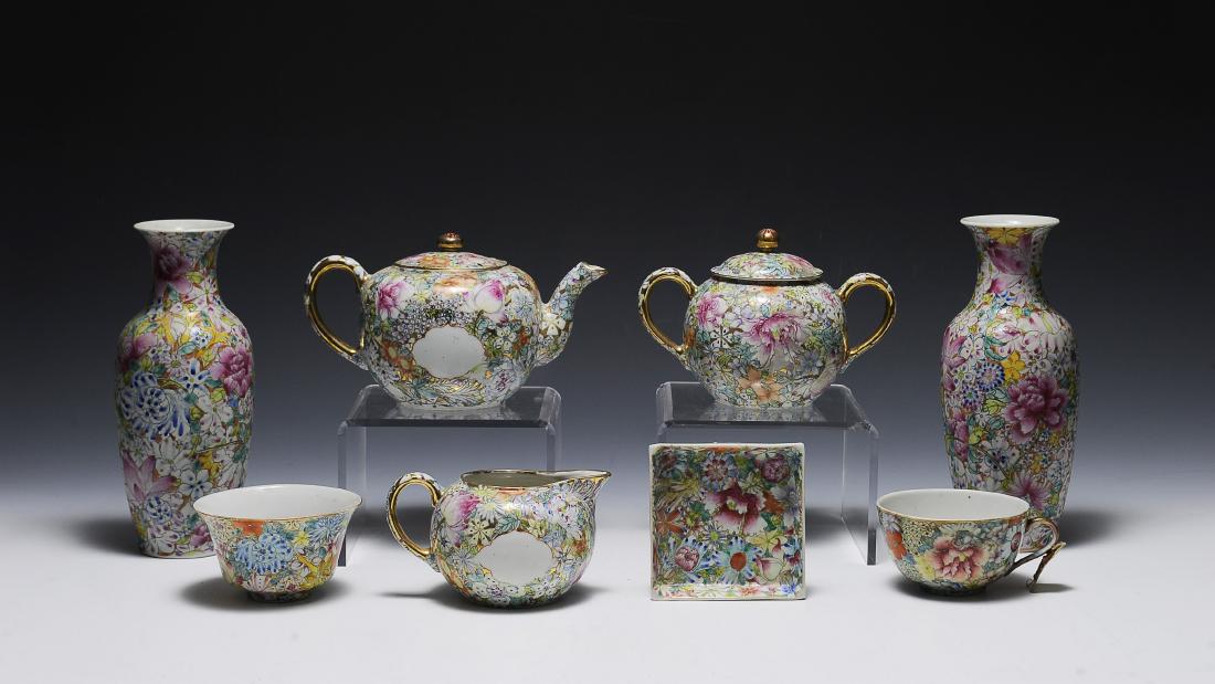 Group of 8 Milleflore Porcelains, Republic: A group of 8 millefleur porcelains dating from the Republic period. Included in the group are: a teapot, sugar bowl, creamer, teacup, bowl and tray, and a pair of vases. Dimensions are: the largest it