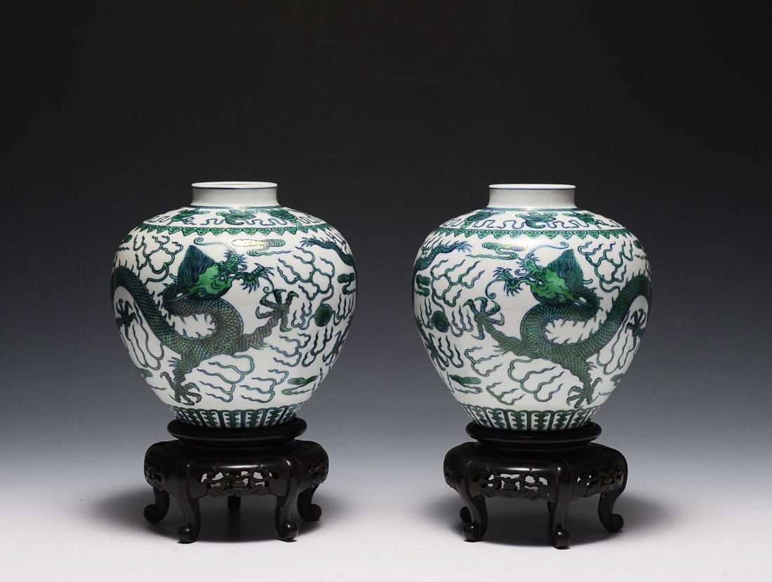 Pair of 19th Century Porcelain Dragon Vases on Stands (1 of 7)