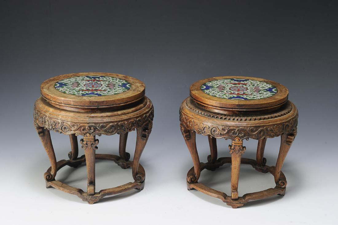 Pair Wood Stands with Cloisonne Tops, 19-20th Century (1 of 8)