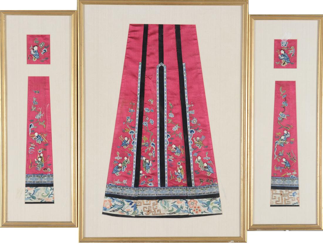 (3) Chinese Silk Embroidered Skirt Panels, 19th Century (1 of 3)