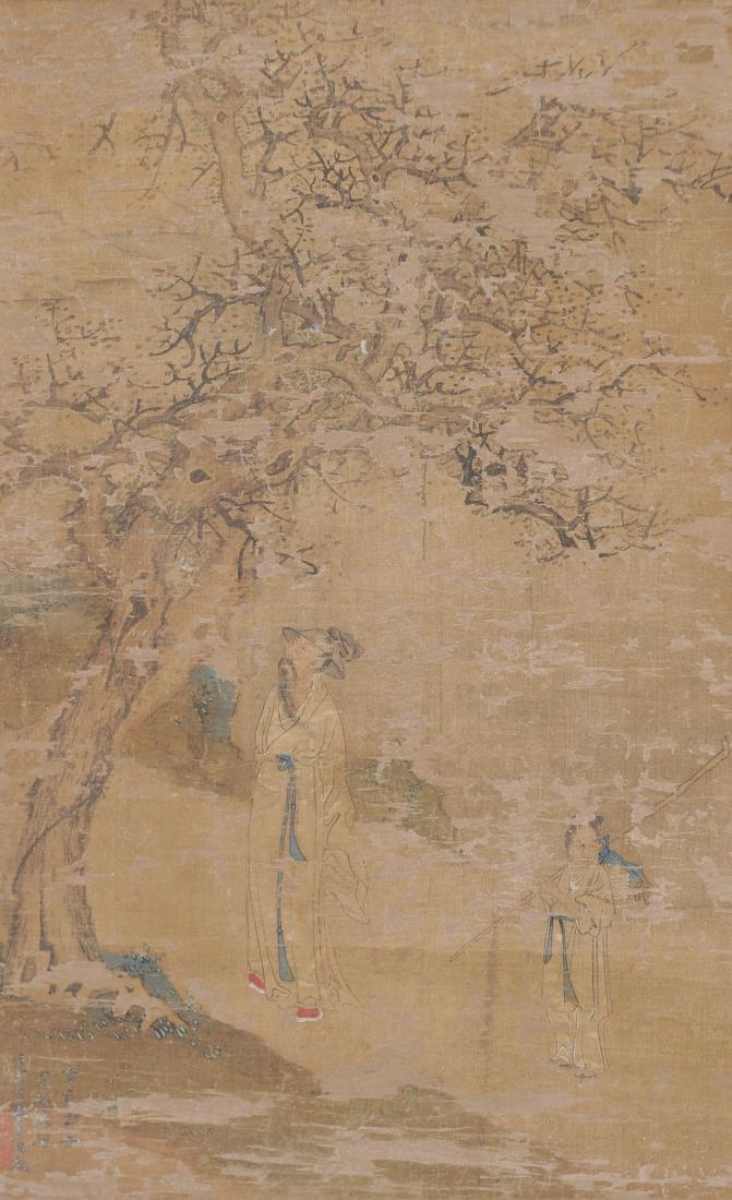 Old Chinese Painting of Scholars: A Chinese painting of two scholars with a poem, signature and seals. Dimensions are: 25 1/4 inches long X 16 inches wide. All measurements are approximate. Condition: It has a significant amount of ag